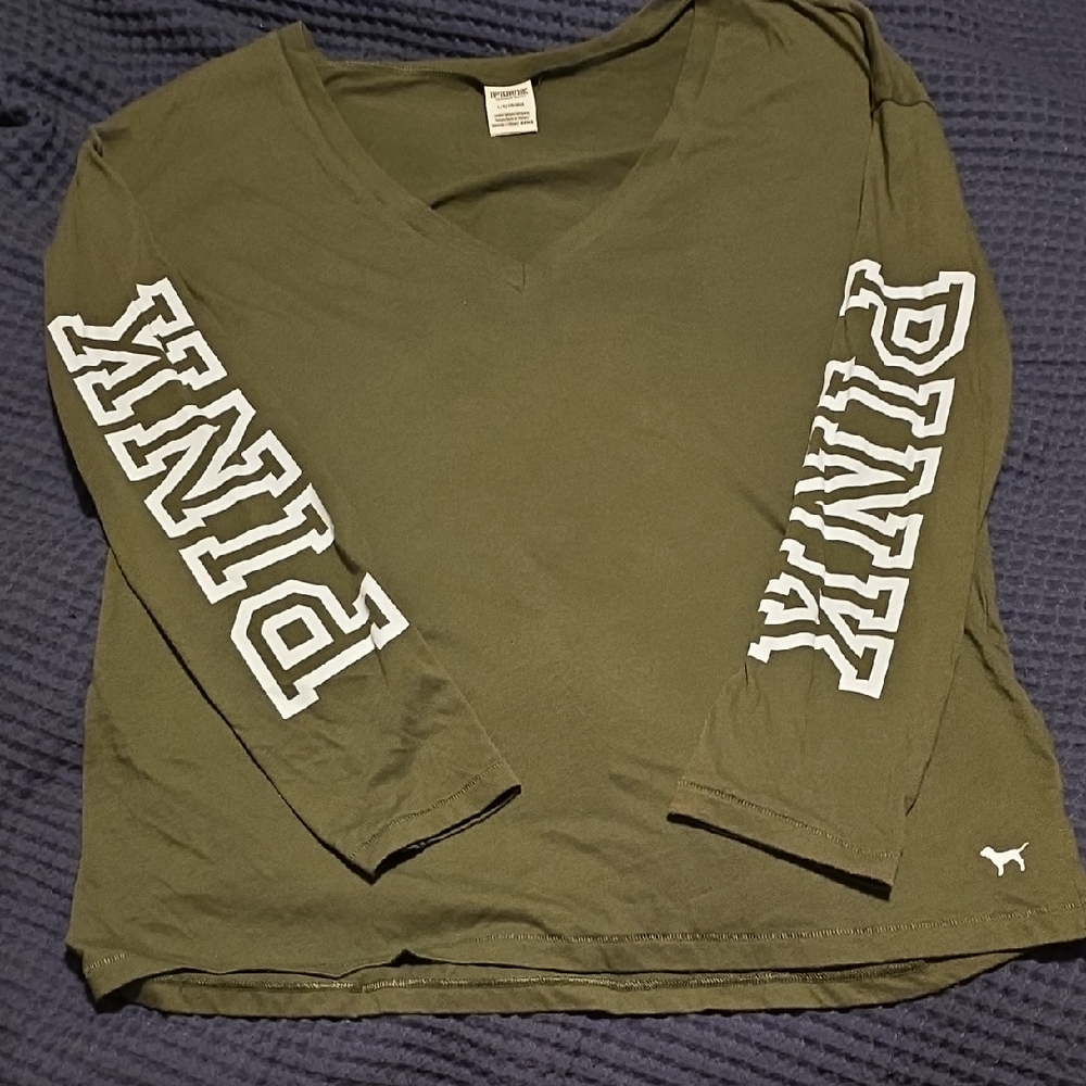 PINK Victoria's Secret Dark Green V-Neck Long Sleeve Tee
